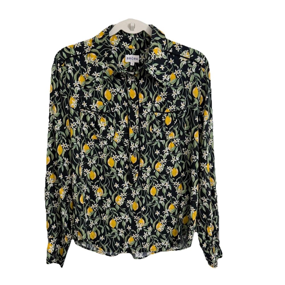 BRORA Top Womens 10 Lemon Floral Black Button Front Blouse Long sleeve NWT